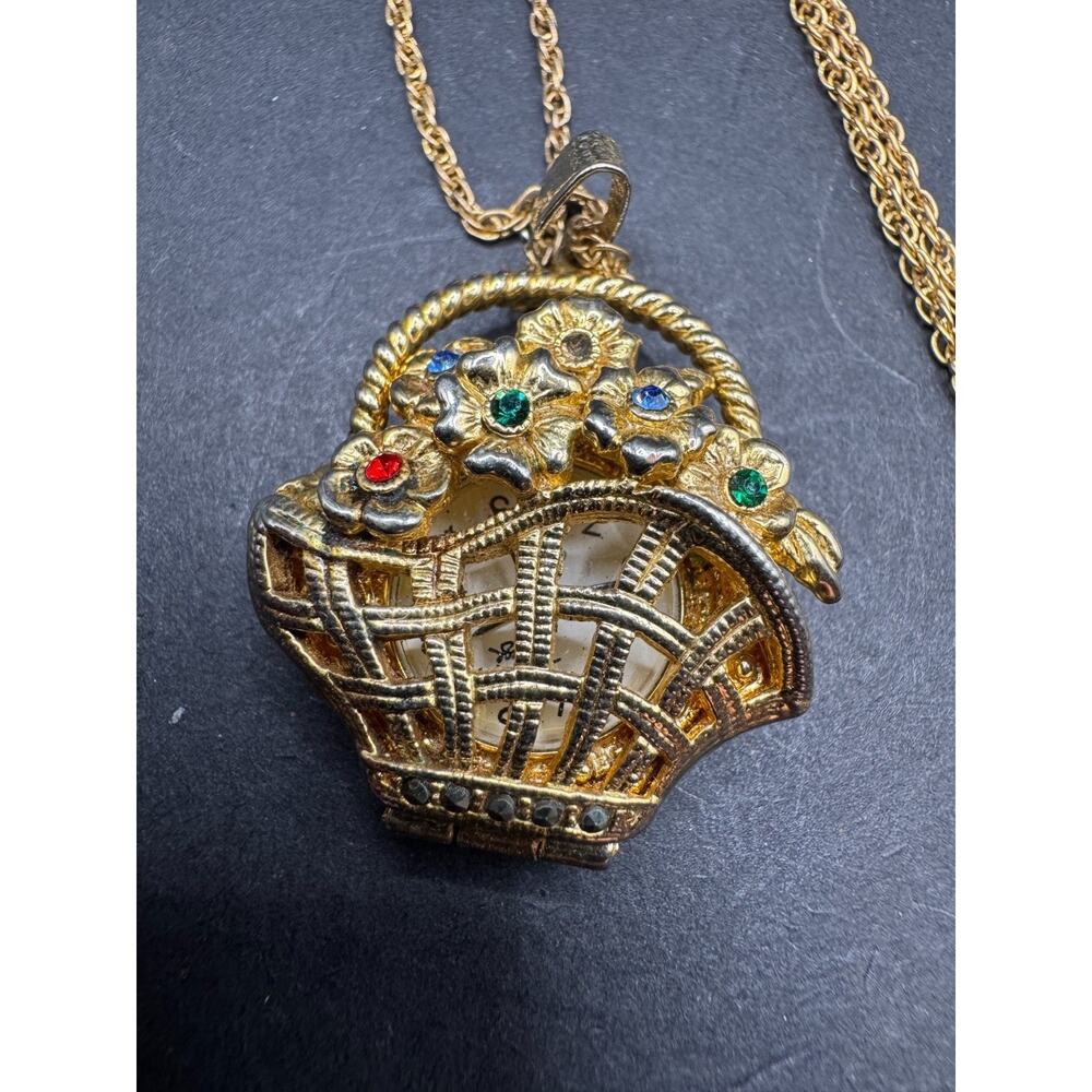 Faberge Basket of Flowers Pendant Necklace Hidden Watch Peek A Boo Gold Tone